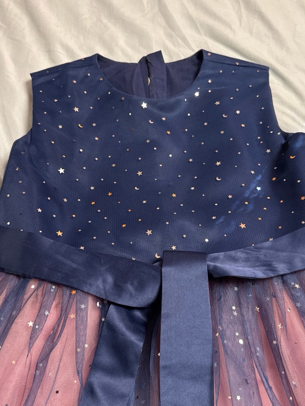 Navy Starry Tulle Party Dress with Satin Belt